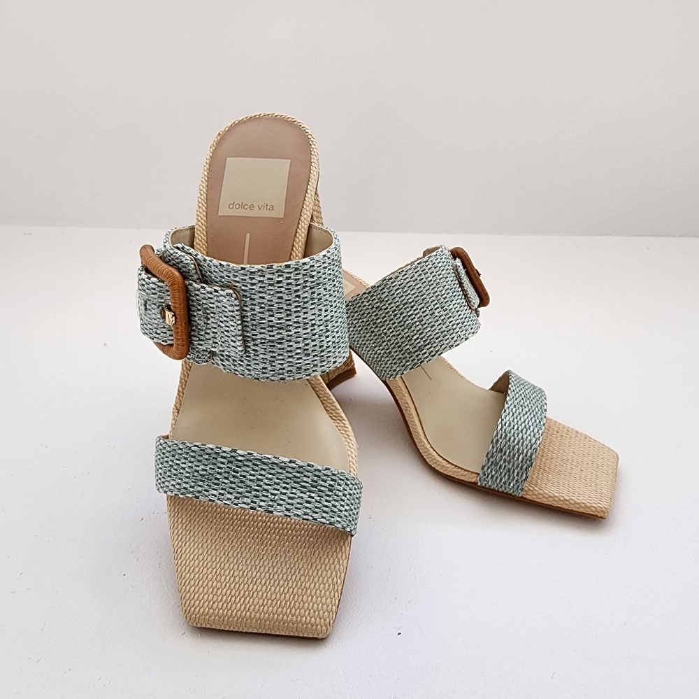 NEW/No Box Dolce Vita Posy Mint Raffia Block Heel Sandal Mint/Cream Size 5.5